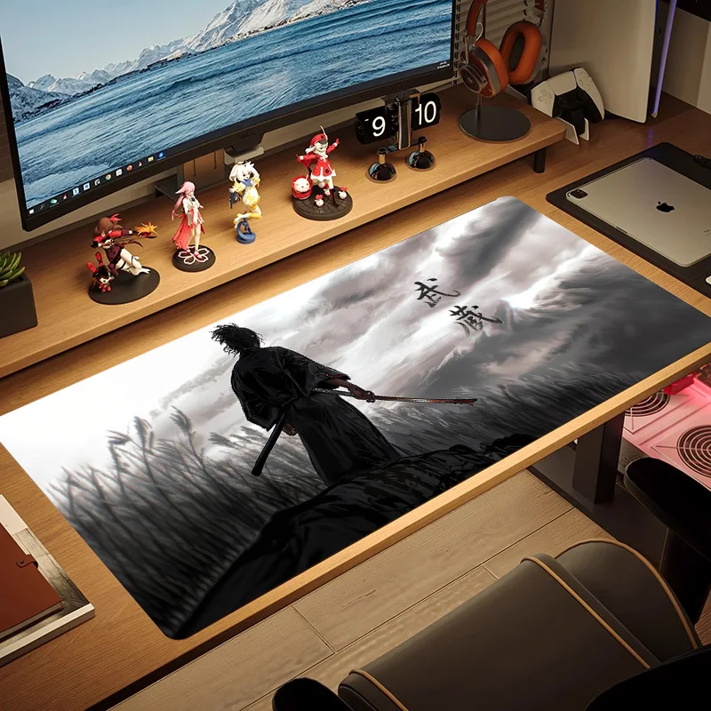 Mouse Pad Large Ink Painting Black Desk Pad Samurai Non-slip Rubber White Game Mouse Mat Laptop Carpet Gaming Mousepads