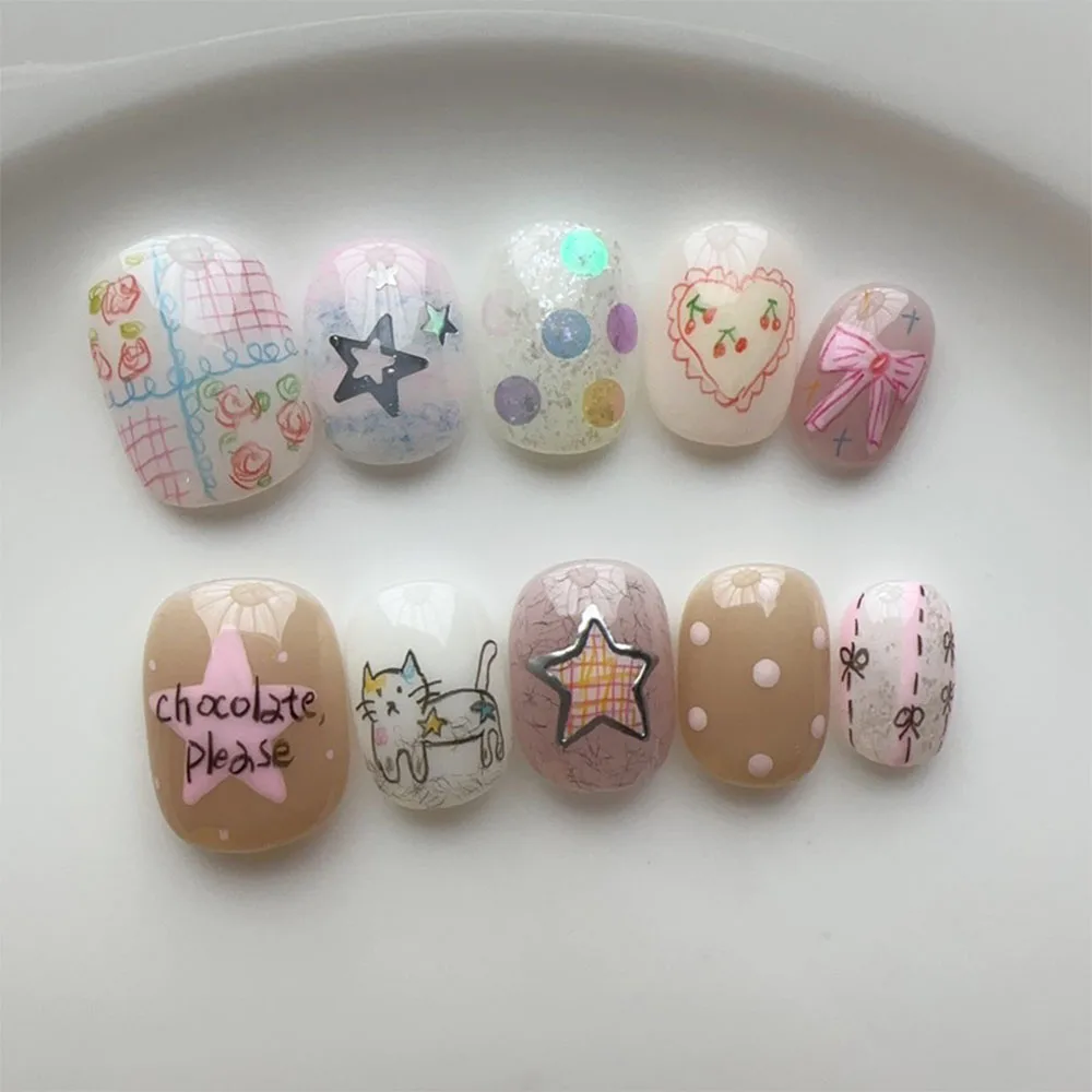 Whimsical Cartoon Style Hand-Drawn Nail Patch Glitter Stars Polka Dots Flower Cat Short Press On Nails Hand Accessories Gift