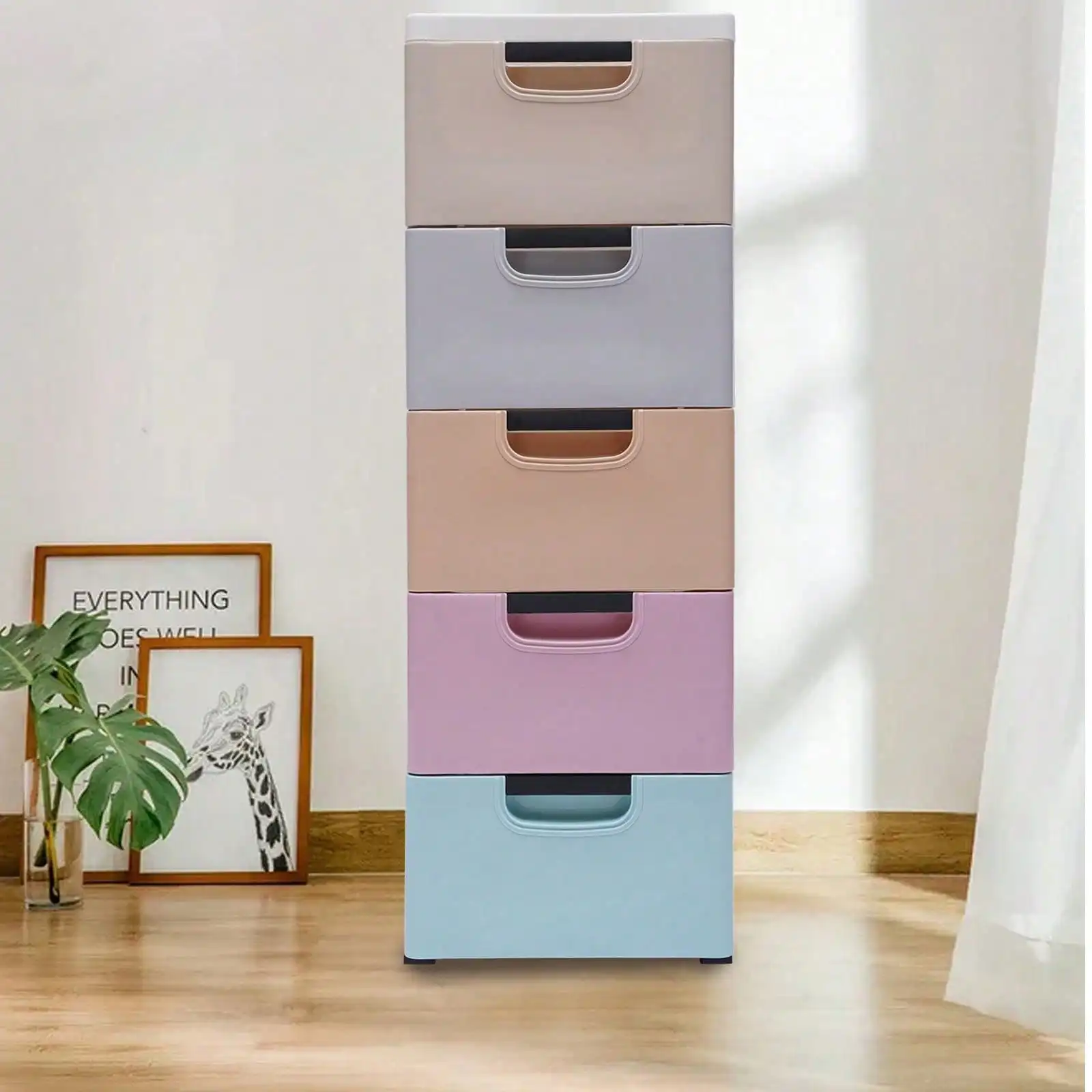 

5 Drawer Dresser Plastic Wide Chest Of Drawers Storage Dresser Cabinet W/Wheel, Large Craft Storage Organizer For Living Room