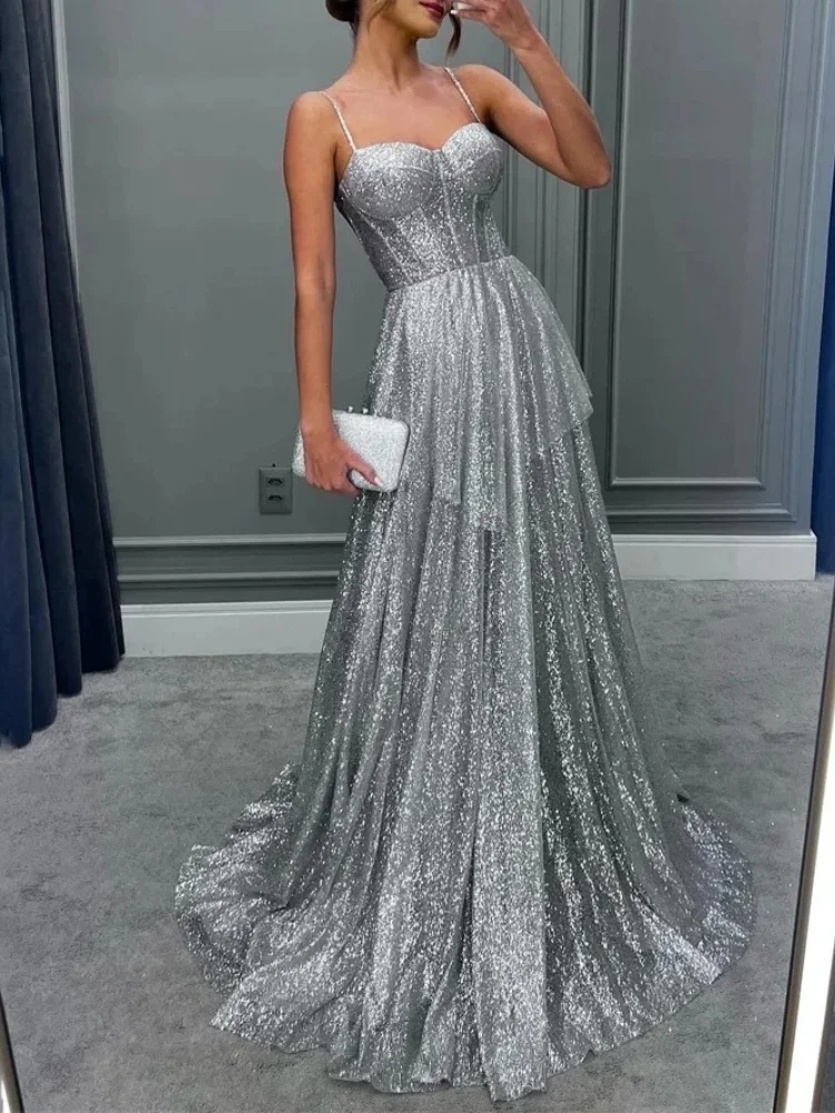 Sexy long silver shiny satin dress A-line sweetheart backless evening dress formal party dance dress customization