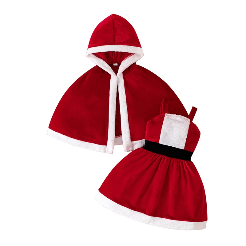 

Little Girls Christmas Set Santa Terry Trim Sleeveless A-Line Cami Dress Hooded Cloak Outfits