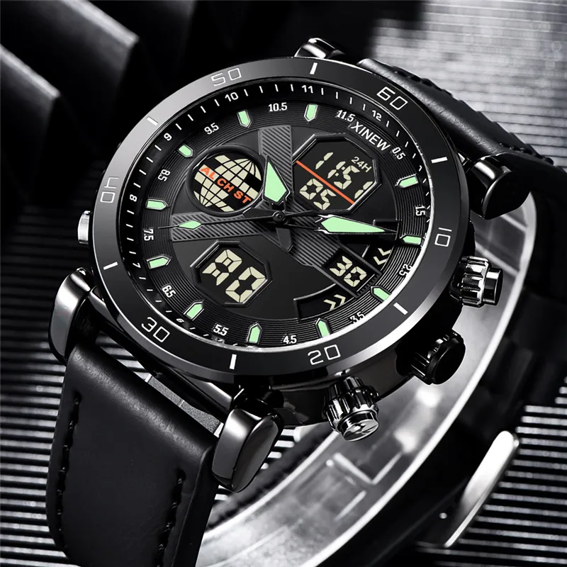 Men Genuine XINEW Brand Dual Time Digital Watches Fashion Leather Band Multi-function Military Sports Chronograph Vintage Watch