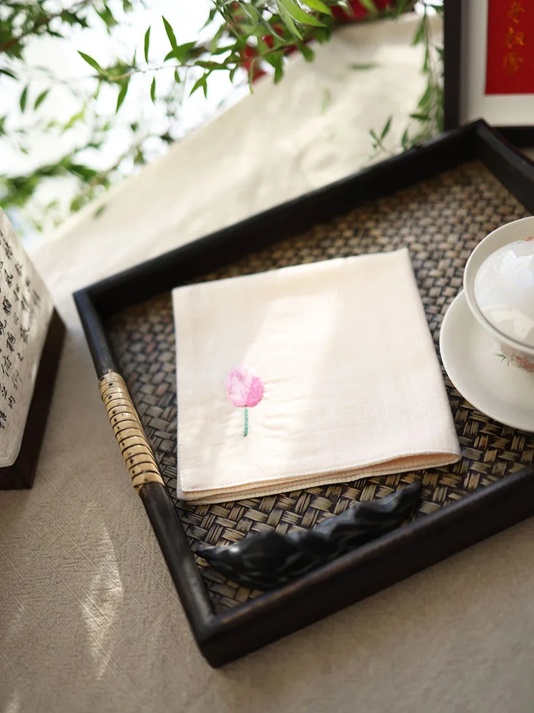 Traditional Chinese Style Lotus Embroidery Double Layer Cotton Handkerchief Unisex Portable Sweat Absorbent Hanky Hanfu Accessor