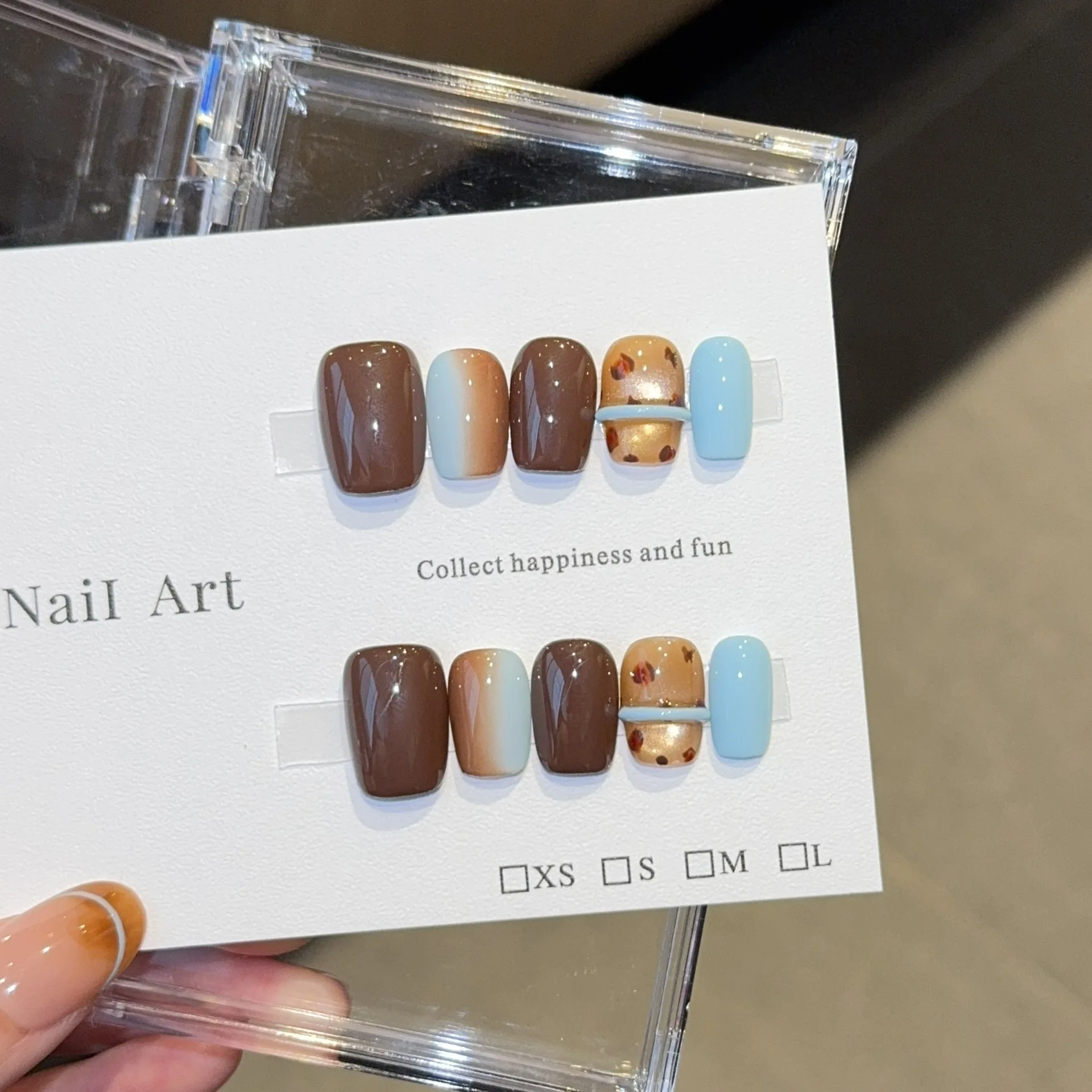 

10 шт., легкие роскошные короткие французские ногти ручной работы, коричневый, синий, градиент, леопардовый принт, декор, накладные ногти, носимые ногти, художественный наконечник