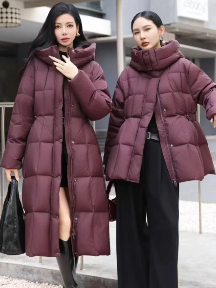 الشتاء 90% الأبيض بطة معطف منتفخ المرأة موضة أنيقة سليم صالح سترات 2025 جديد مقنعين الخصر سميكة الدافئة أسفل سترة أبلى #3