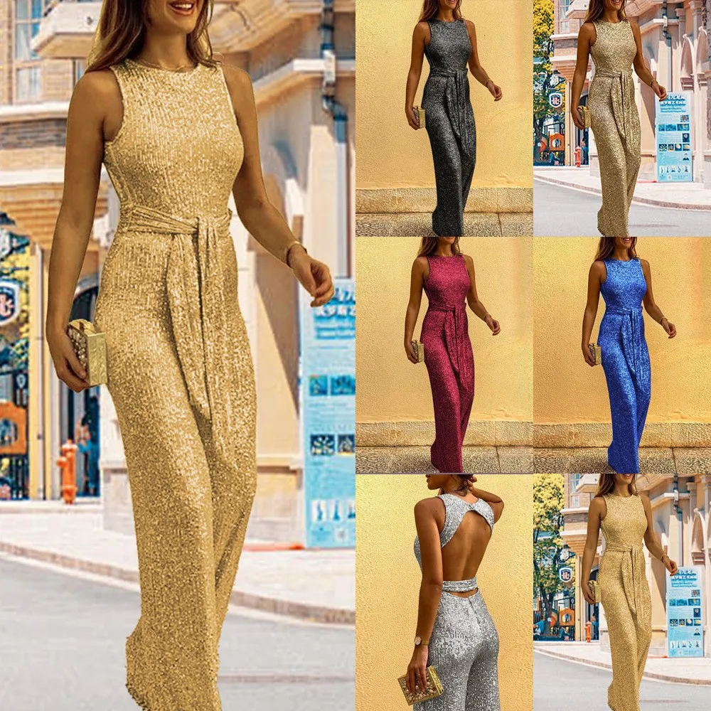 

New Summer Jumpsuit Round Neck Sleeveless Personalized Sequins Silver Dot Women's Clothing