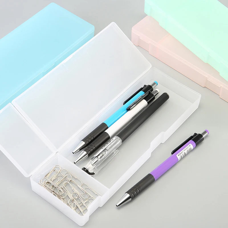 マット透明プラスチックボックス、つや消しピンク、グリーン、ホワイト、ペン収納、事務用品、シンプルな鉛筆ケース、1個