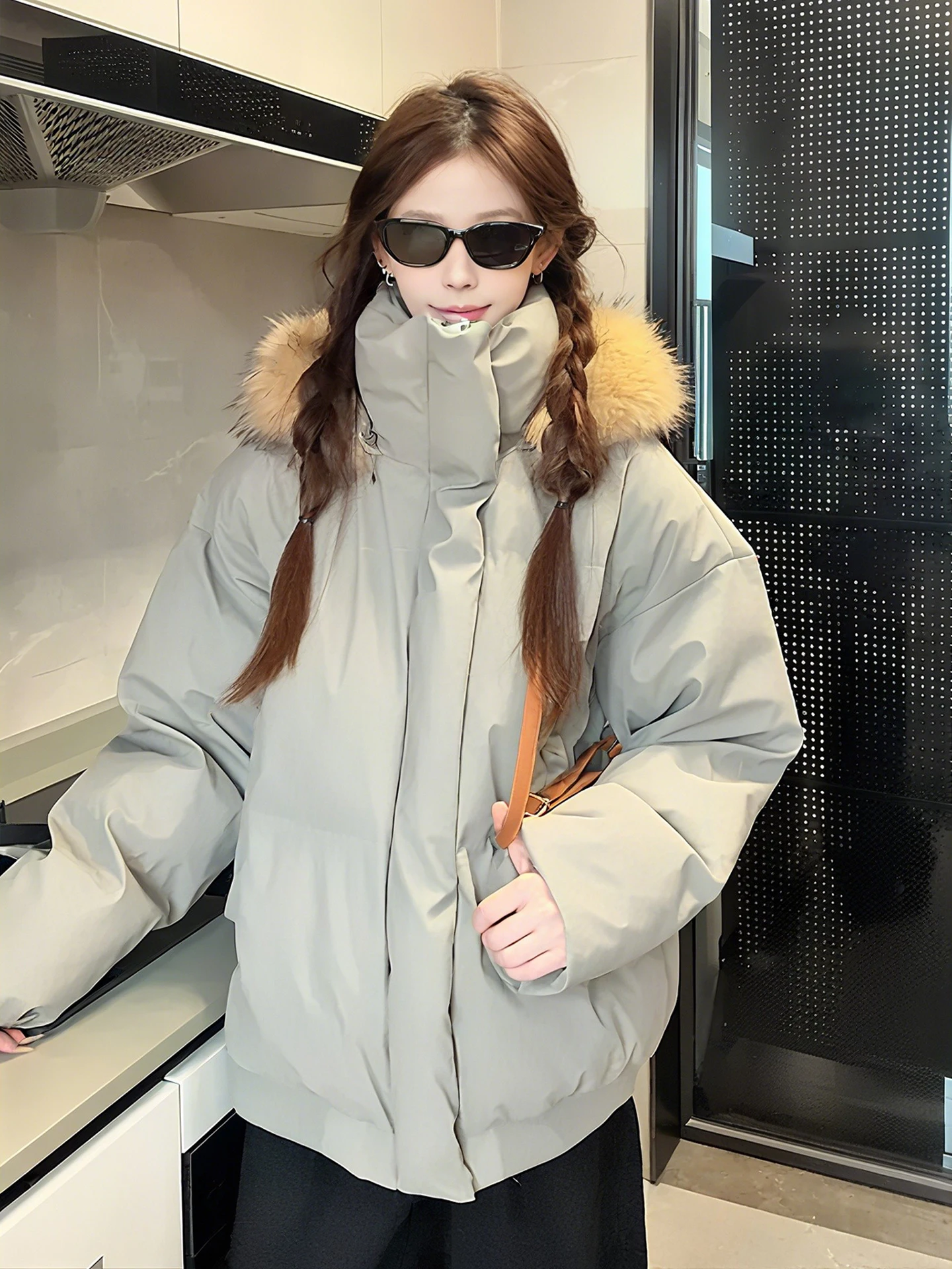 

Detachable Fur Collar Thiened down Cotton Jaet Women's Winter Warm ort Bread Sle Coat with Hood Non-Bulky PU Leather