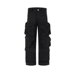 Y2k Pantalones Cargo holgados rectos con múltiples bolsillos para Hombre, Pantalones negros para Hombre, ropa de calle, Pantalones informales sueltos de gran tamaño