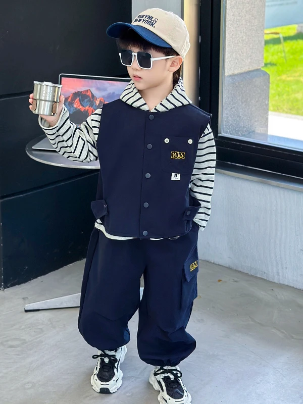 

Весенний модный детский комплект: жилет, свитшот, футболка, длинные хлопковые брюки и рубашка для мальчиков, повседневная спортивная одежда