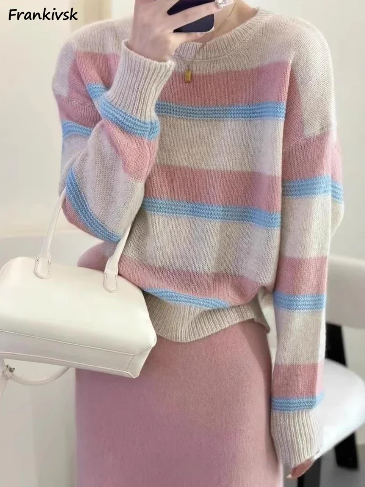 

Striped Sweaters Women Contrast Color Sweet Schoolgirls Daily Cute Simple Knitwear Viatlity Korean Style Prevalent Classic Ins