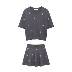 INS Fashion Round Neck Short Sleeves Pullover Top High Waist Mini Skirt Women Sweet Grey Jewel Design Set ZATAF 2024 New