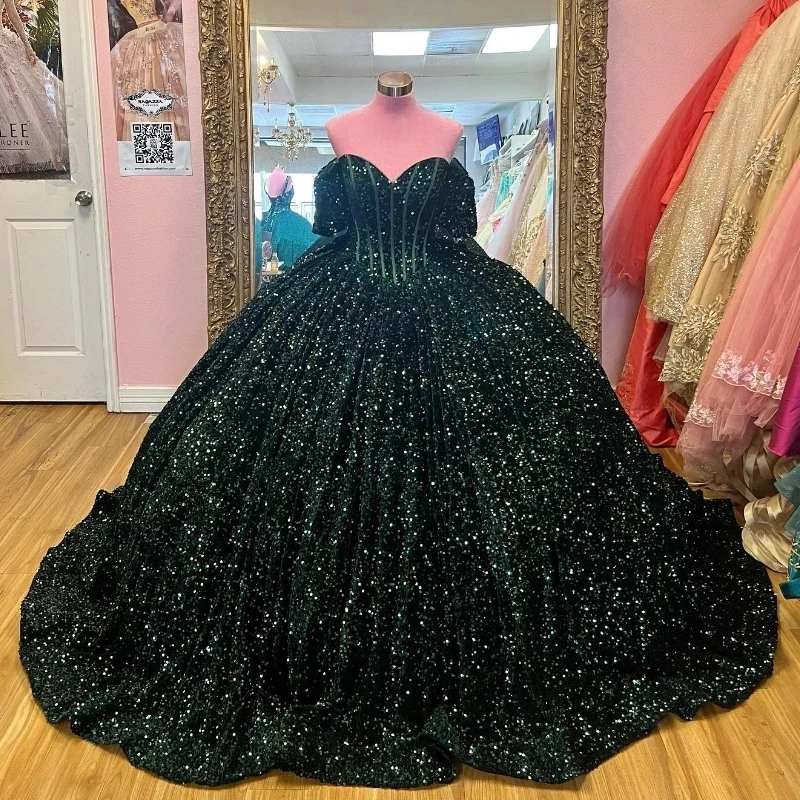 

Blackish Green Shiny Sweetheart Quinceanera Dresses Off Shoulder Sequined Beads Chapel Train Corset Prom vestido de15 anos