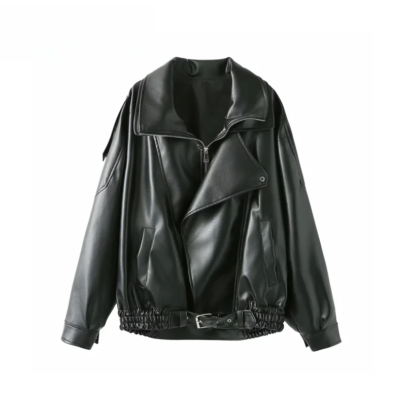 Loose  Motorcycle Style Fashionable All-Match Women's Leather Jacket Coat Young Commuter Style Long Sleeve Zipper