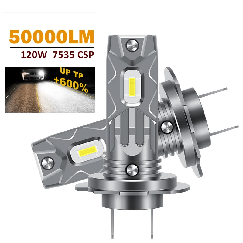 H7 Turbo LED Car Headlight Bulbs 50000LM 120W Mini 1:1 Auto Lamp 7535 CSP Wireless Plug & Play 6000K White 12V Turbo With Fan