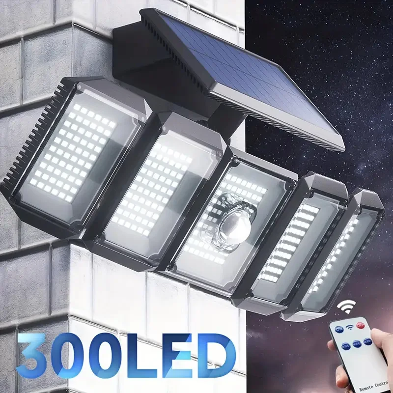 Wide Angle Solar Wall Light, 5 Head Outdoor LED Security Flood Lamp, Waterproof Solar Powered Lighting for Garden Yard Fence