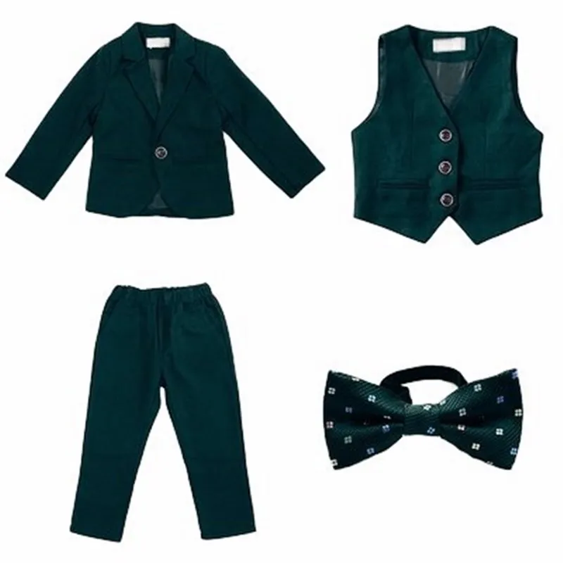 Boys Dark Green Formal Wedding Party Suit Children Blazer Vest Pants Tie Tuxedo Dress Kids Performance Photography Costume