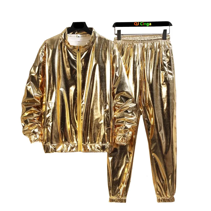 

Creative Design Gold Men's Stage Performance,Shiny Loose Long Sleeve Top With Long Pants,Silver Fashion Casual Suit hot sall y2k