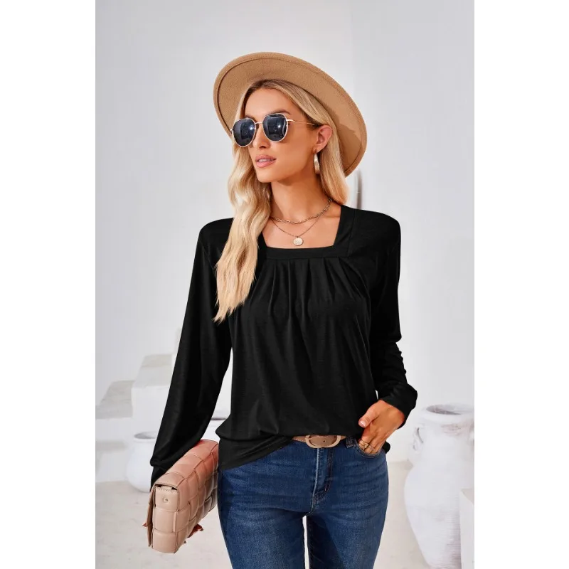 2023 New Autumn and Winter Square Neck Long Sleeve T-shirt Women's Solid Color Bottom Top Women's Casual Loose Pullover