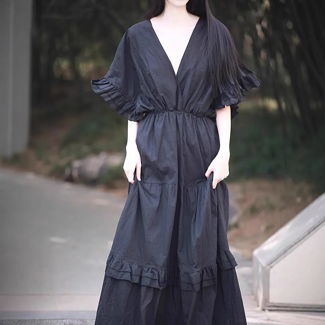 Vestido de algodão completo com gola sem costas, camada dupla com babados para férias de verão à beira-mar, vestido grande de balanço, saia longa para mulheres