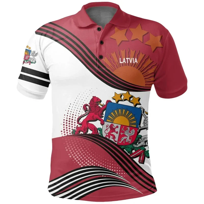 Fashion New Summer 3D Latvia National Flag Emblem Printing Polo Shirt Latvia Coat Of Arms Graphic Polo Shirts Vintage Cool Polos