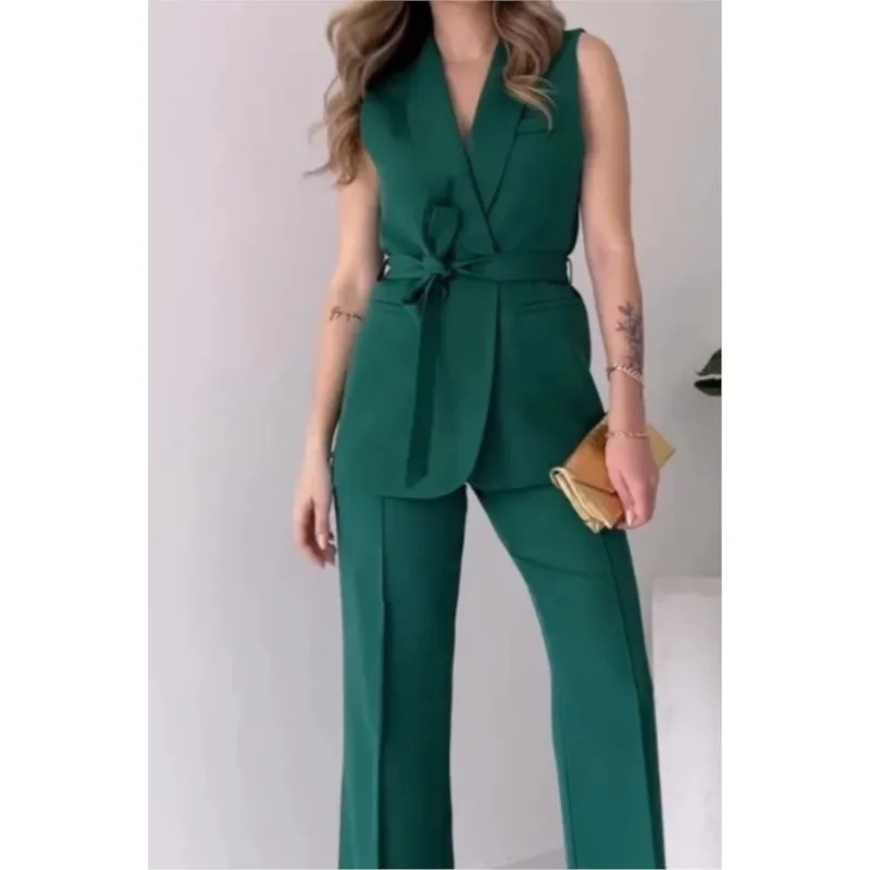 Elegant Office Lady Two Piece Sets Turn Down Neck Sleeveless Top With Long Pants Suit Autumn Solid Slim Set Women Party Outfit