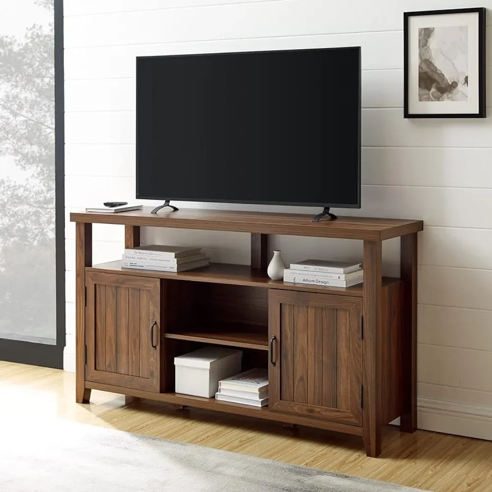 Walker Edison Kent Modern Rustic Grooved Door Tall Stand for TVs up to 65 Inches, 58 Inch, Dark Walnut