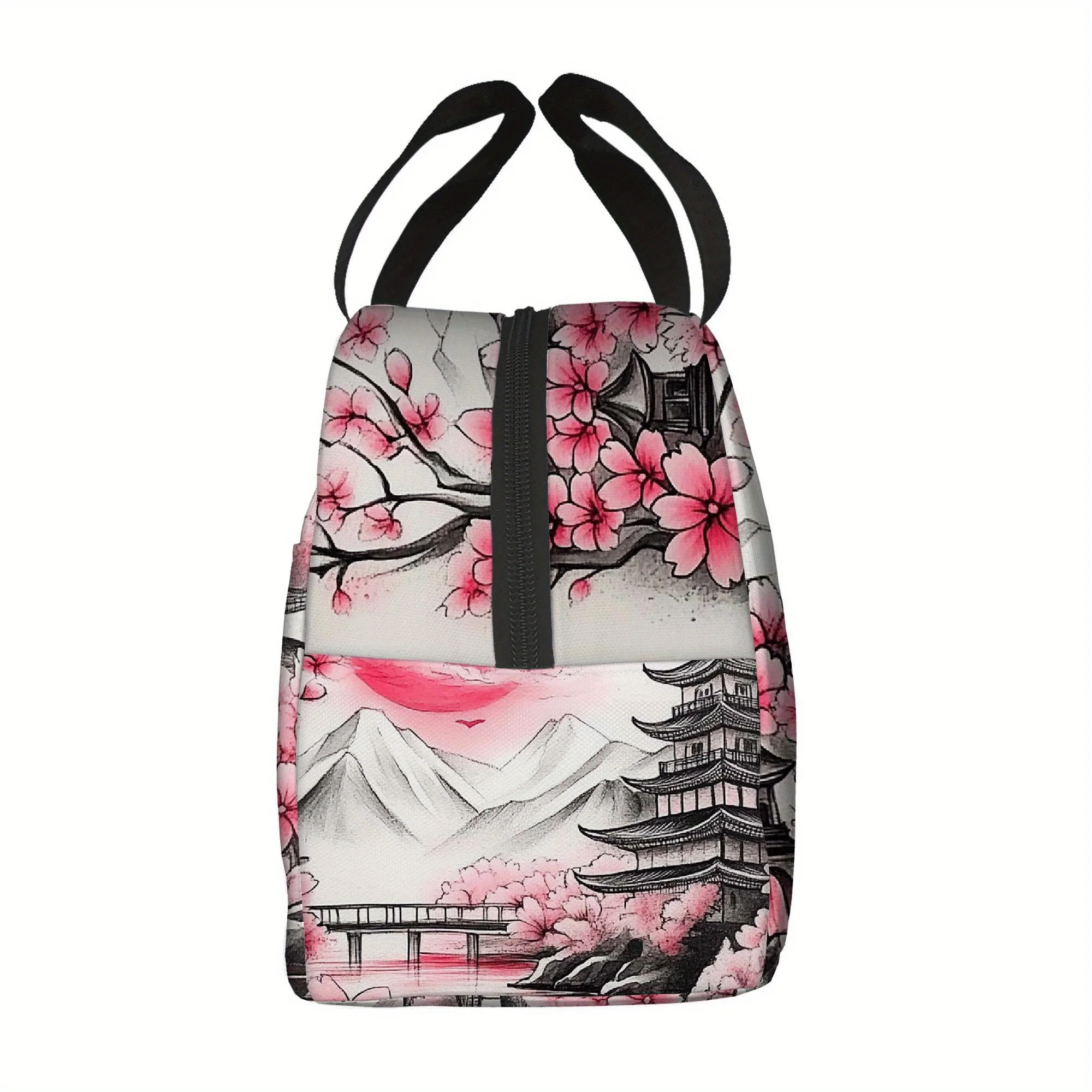 Japanese Cherry Blossom Pagoda Thermal Bag Insulated Lunch Tote with Non-Food Contact Surface Pink Floral for Home Office