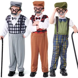 Beard Centenarian Halloween Cosplay Costume for Boy Plaid Jumpsuit with Hat and Glasses Kids Children Day Stage Show Costume