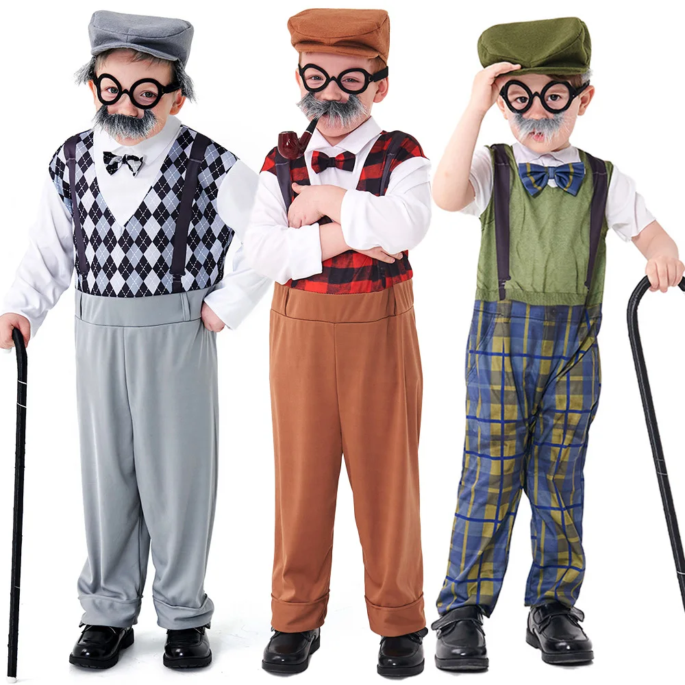 Beard Centenarian Halloween Cosplay Costume for Boy Plaid Jumpsuit with Hat and Glasses Kids Children Day Stage Show Costume