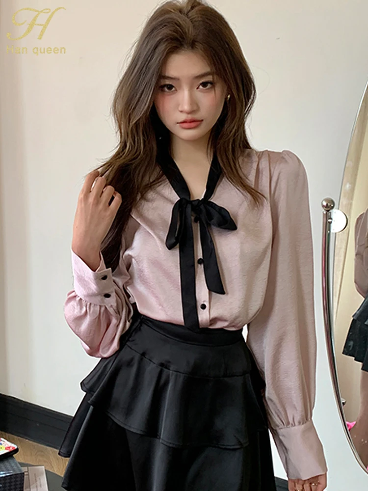 

H Han Queen New Arrival Lace-Up Bow Shirt Women Blouse Casual Tops Elegant Long Sleeve Satin Chiffon Shirts Woman Clothing 2025