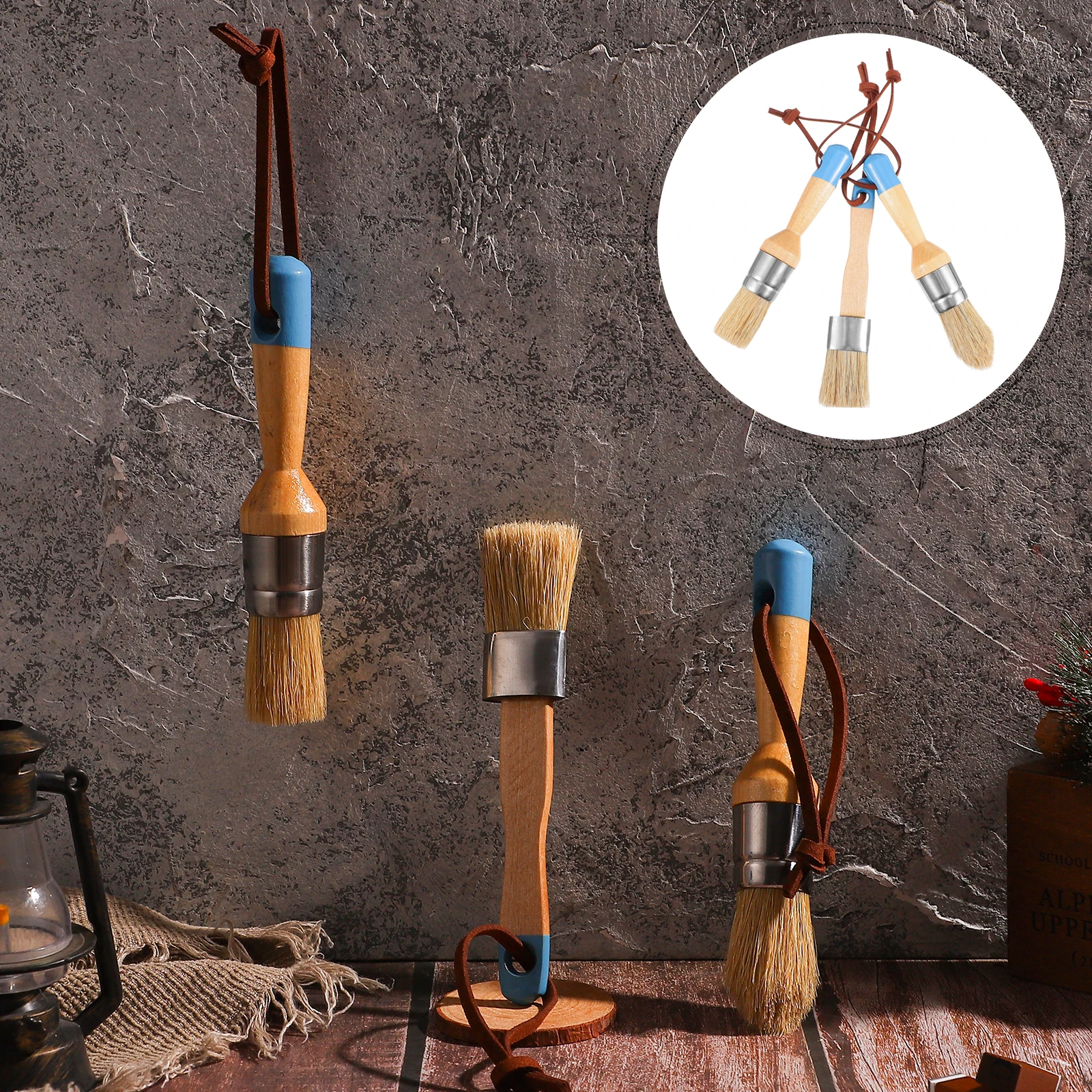 

3pcs Round Head Brush Set Wooden Handle Pure Boar Bristles Paint Tool Oil Brushes Art Painting Stenciling Comfort Grip