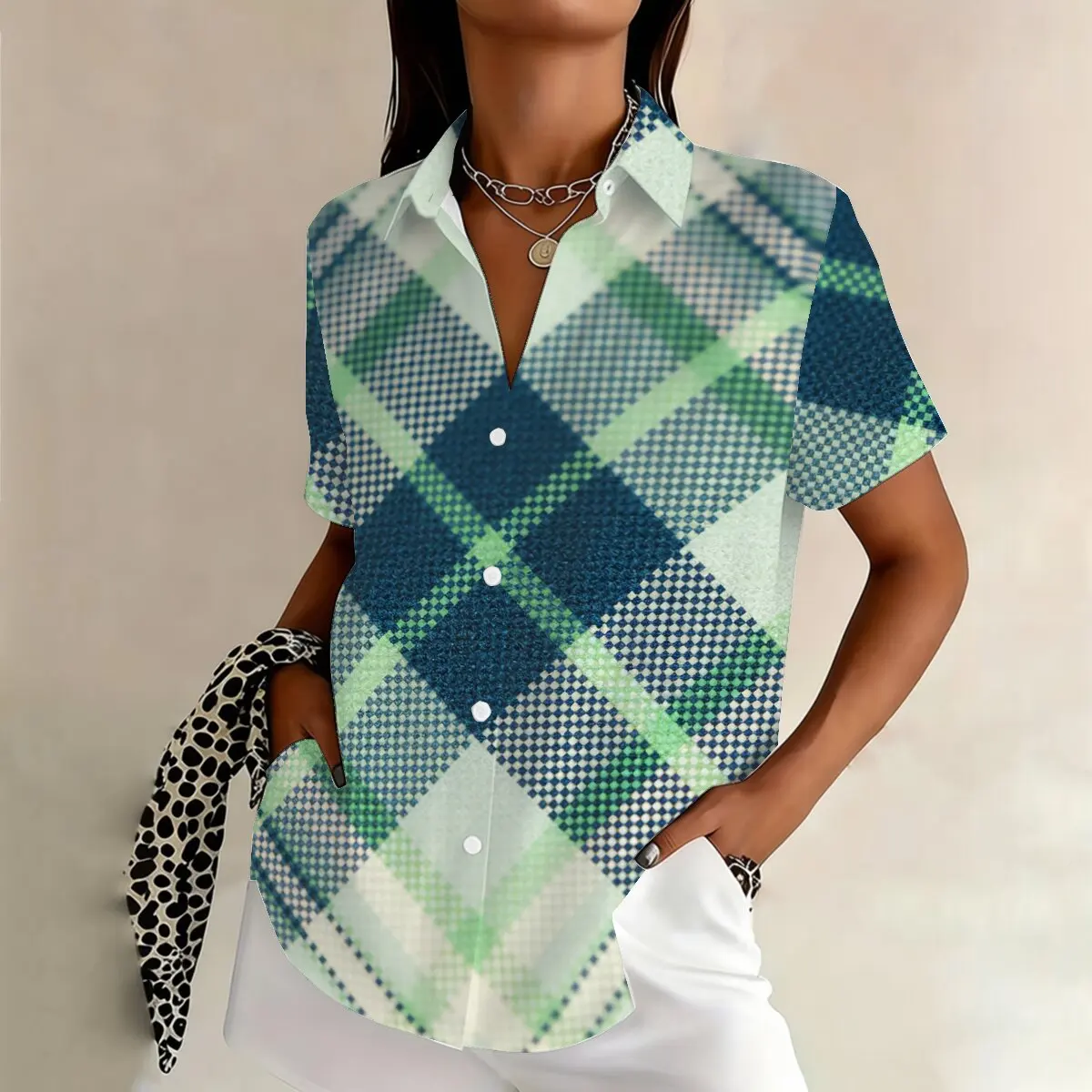 

Minimalist and personalized twill plaid printed women's summer collar short sleeved shirt, fashionable and versatile daily top