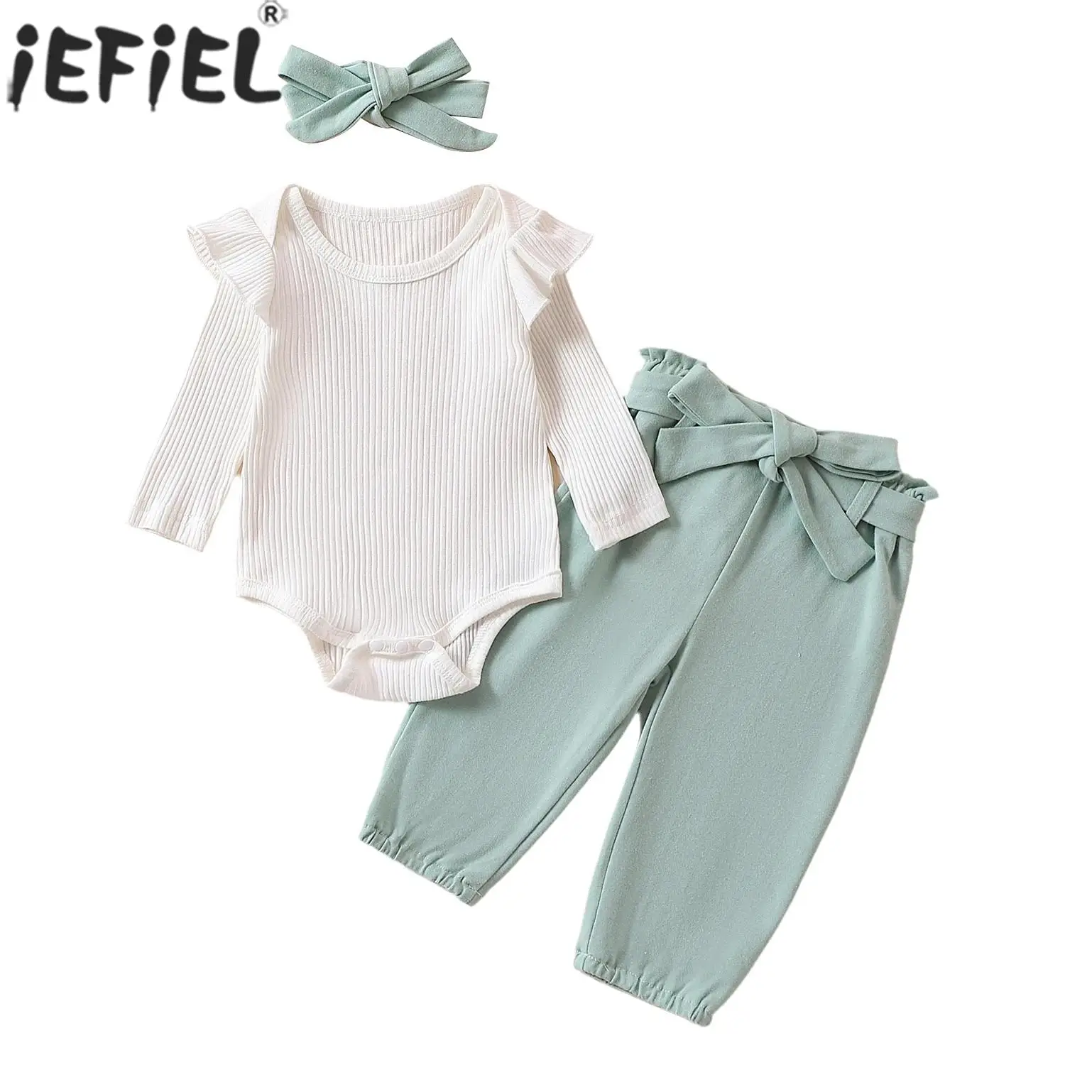 

Toddler Baby Girls Fashion Casual Cute Outfit Long Sleeve Rib Knit Romper with Pants Headband Spring Autumn Daily Party Costume