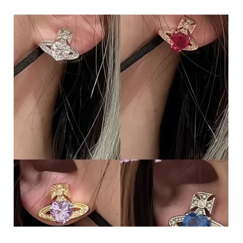 

High Version Stud Earrings Big Love Zircon Saturn Femininity Korean Version Fashion Style Crystal Earrings