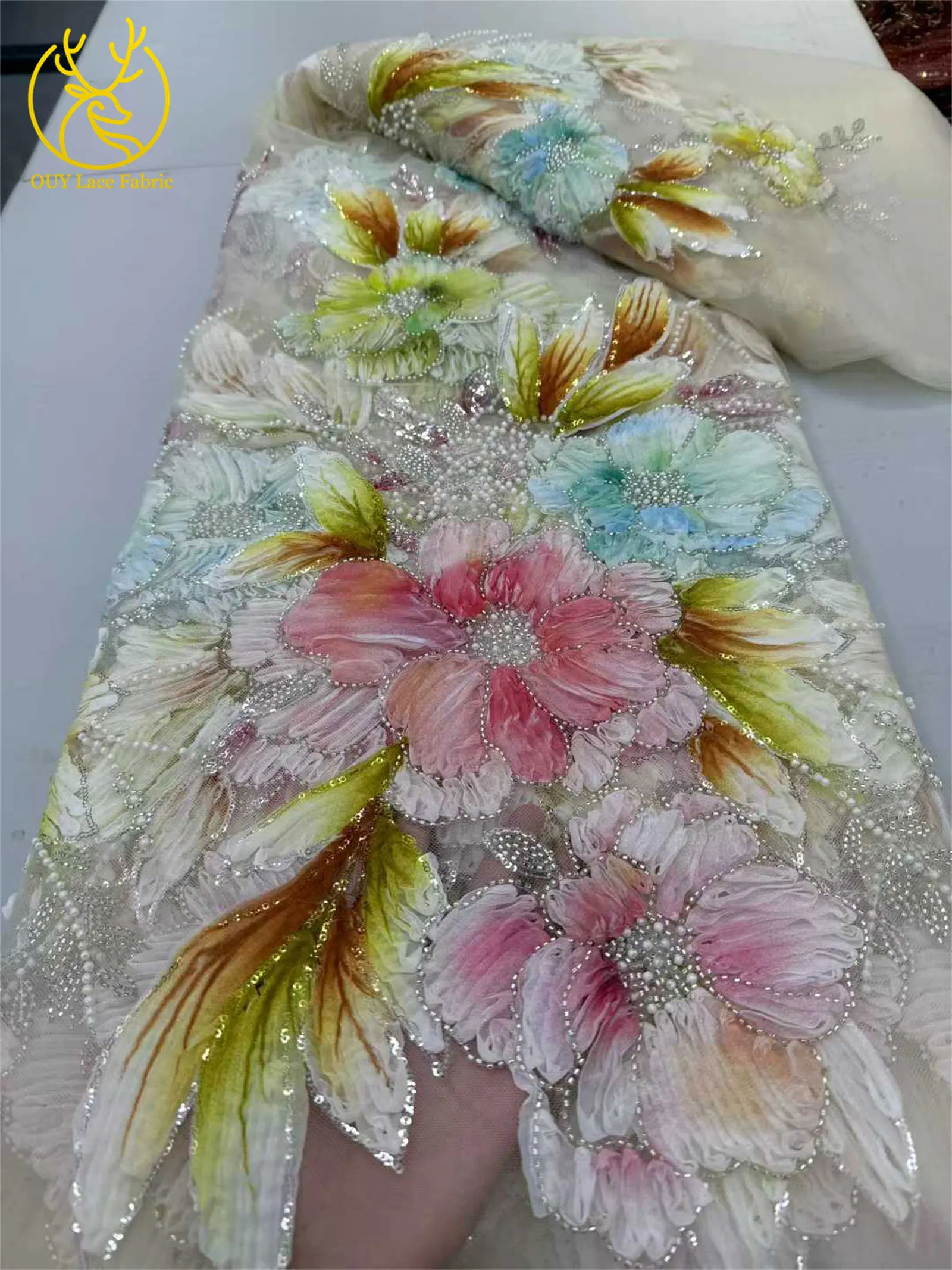 Afrika 3D-Blumenspitzenstoff 2026 Französischer Perlen-Pailletten-Spitzenstoff Nigeria Stickerei Tüll Spitze Brautparty Brautkleider – Detail 14