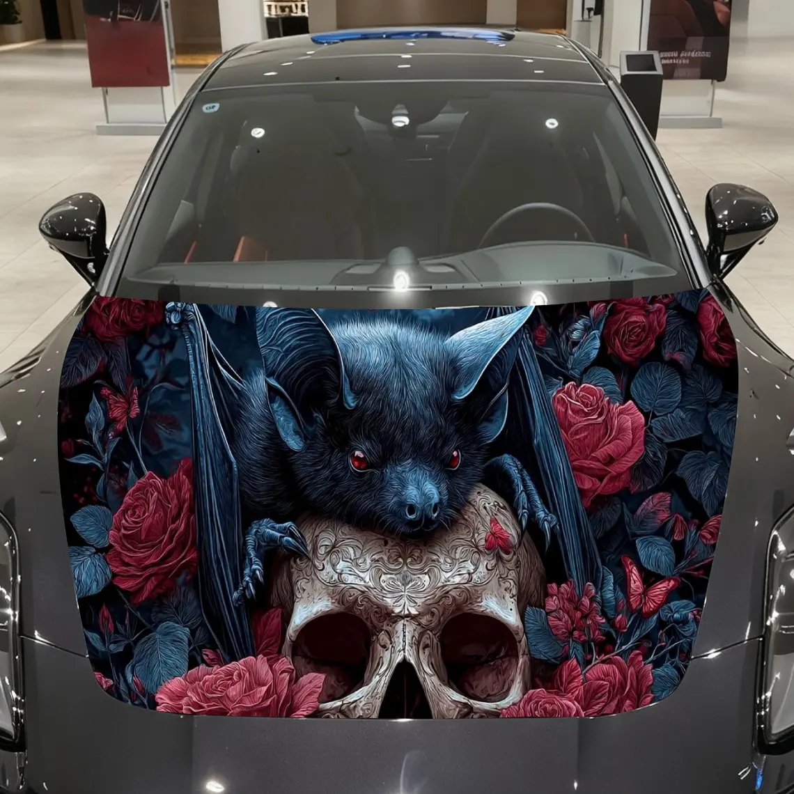 

Red-Eyed Blue Bat Skull Car Vinyl Wrap, PVC Material Waterproof Car Hood Sticker, Self-Adhesive Scratch-Resistant Stickers for E