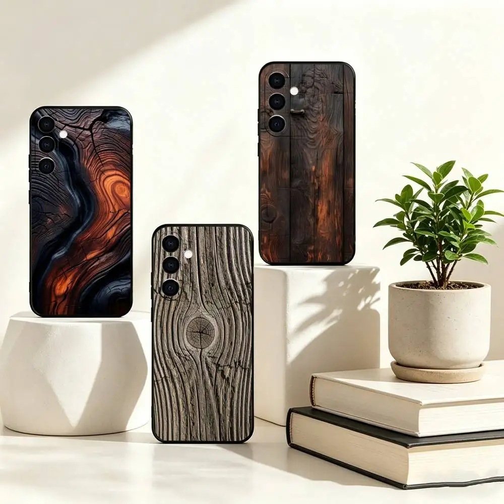 W-Wood Grain Art Phone Case Black Silicone Soft For Samsung Galaxy A73,A72,A71,A70,A53,A52,A51