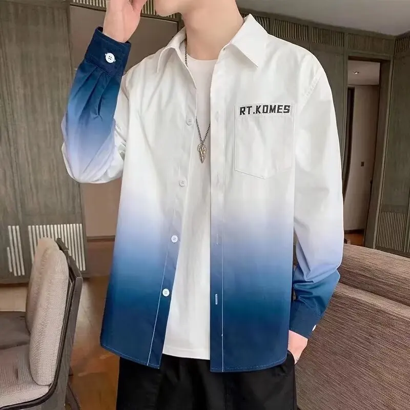 

adient Color Long Sve irt Men's Faionable Korean Sle Casual Collar Thin Outerwear Polyester Fiber Youth Text Pattern
