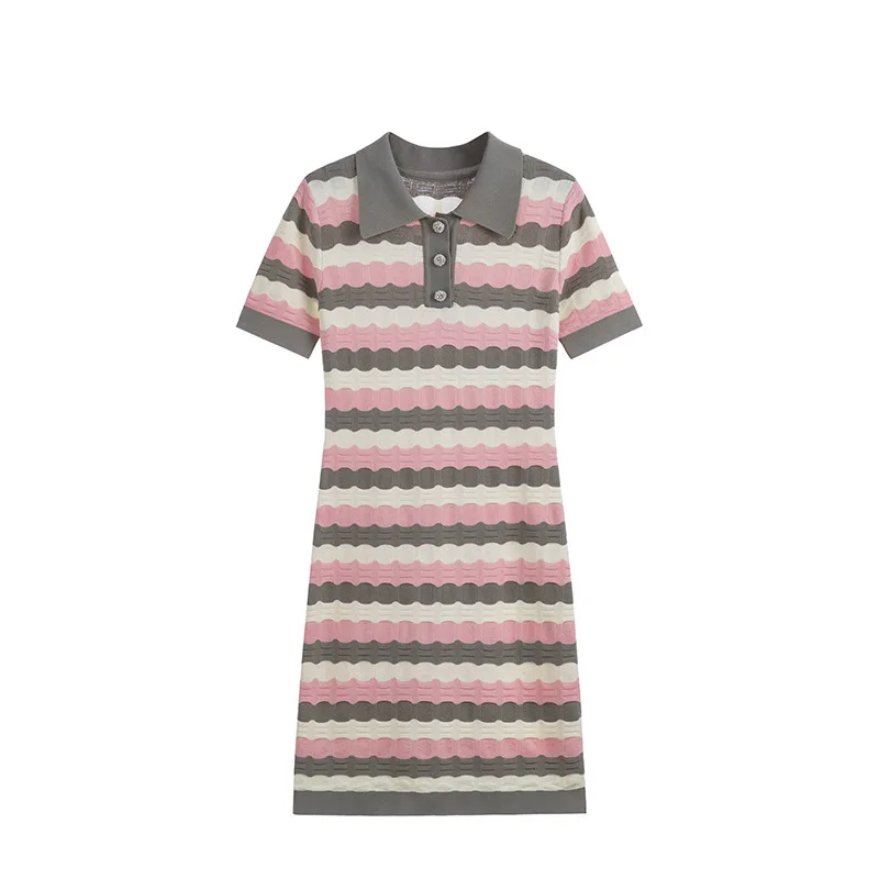 Gestreepte gebreide damestrui-jurk 2025, nieuwe zomercontrasterende heupknuffelrok met korte mouwen