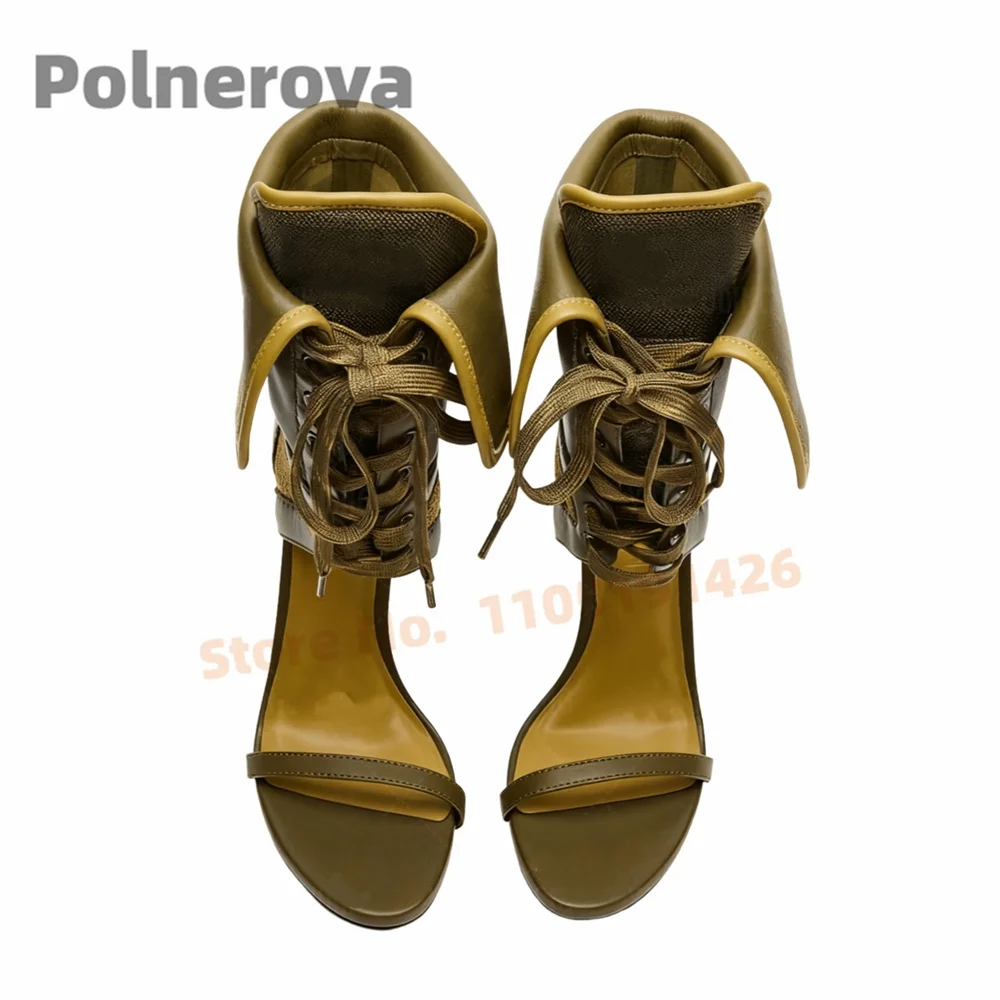 

Army Green Sandals Boots for Women Cut Out Lace Up High Heels Summer Ankle Strap Mesh Ladies Parchwork Stiletto Party Shoes