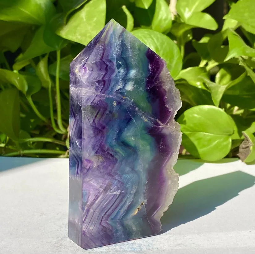 Natural Crystal Quartz Slice Colorful Striped Fluorite Point Reiki Gemstone Polished Healing Stone Decoration Ornament