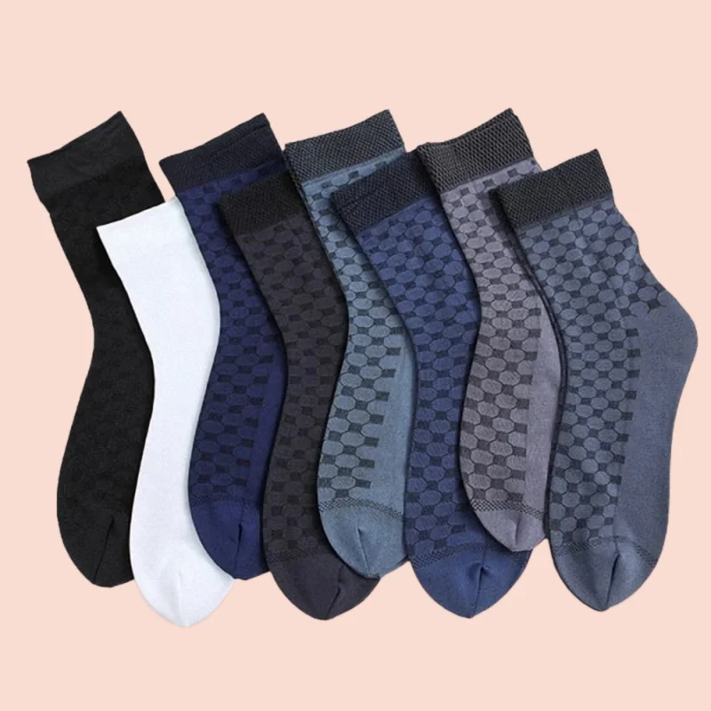 Calcetines de tubo medio para hombre, medias finas a cuadros, antienganche, con tacón, 5/10 pares