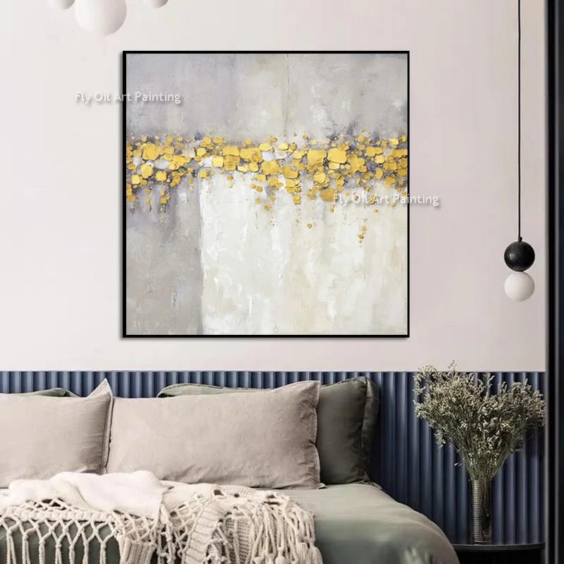 Abstract Original Grey White Simple Wall Art New Handpainted Gold Foil Canvas Thick Oil Painting Fashional Beige Artwork Items