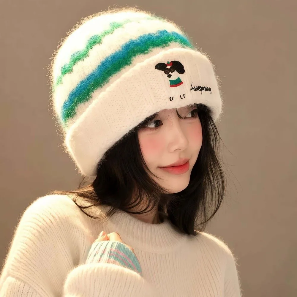 Ear Protection Hat Thickened Striped Beanie Elastic Fluffy Dog Embroidered Cap Soft Versatile Knitted Hat Students