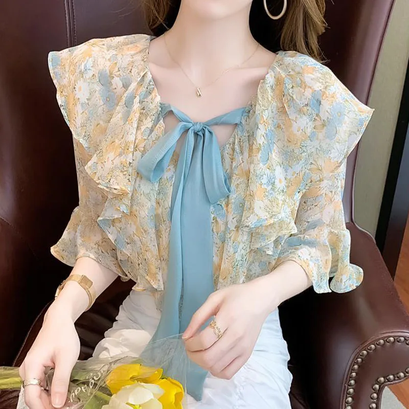 Elegant Fashion Ruffles Floral Chiffon Blouses V-Neck Lace Up Sweet Printing Flare Sleeve Casual Shirt Women Summer Clothing