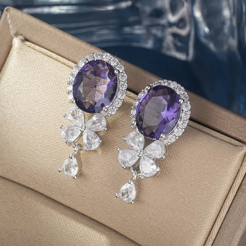 New Charming Purple Zircon Dangle Earrings Women Romantic Fashion Ear Accessories Female for Party Fancy Birthday Gift Jewelry