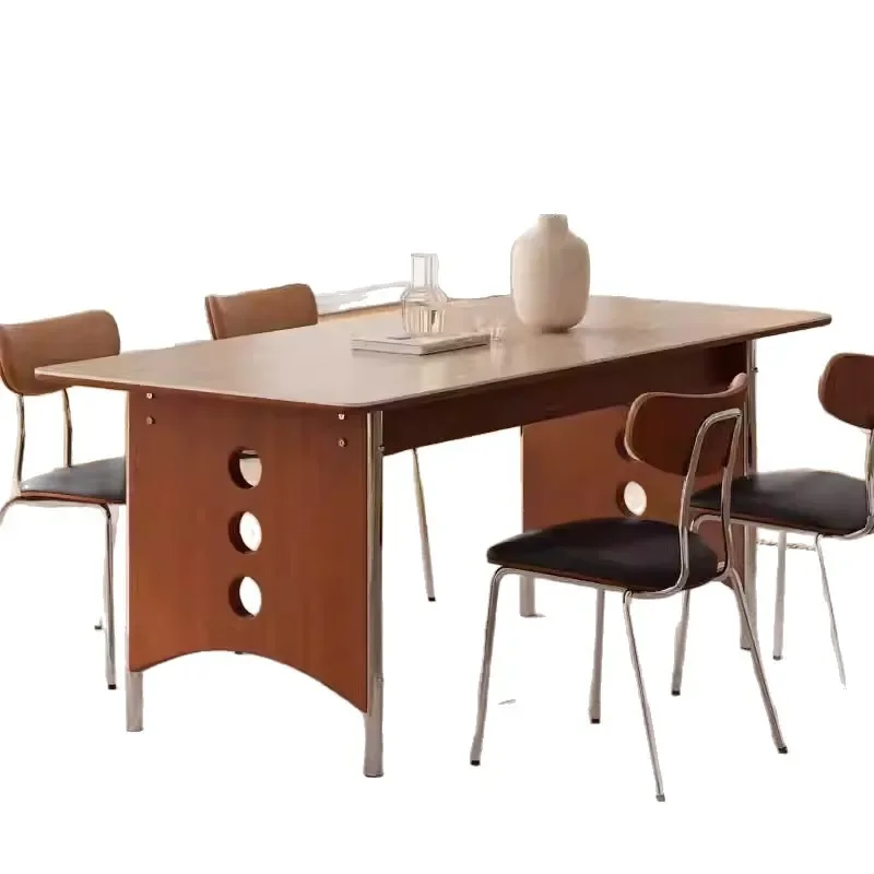 Medieval rock slab dining table household retro stainless steel rectangular dining table Bauhaus high-end solid wood