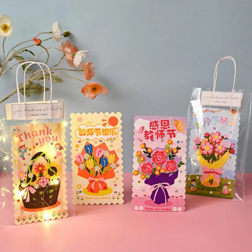 Unique Card Making Materials Cardmaking Supplies Handmade Greeting Card Kit with Led String Light Simulated Flower for Teacher's