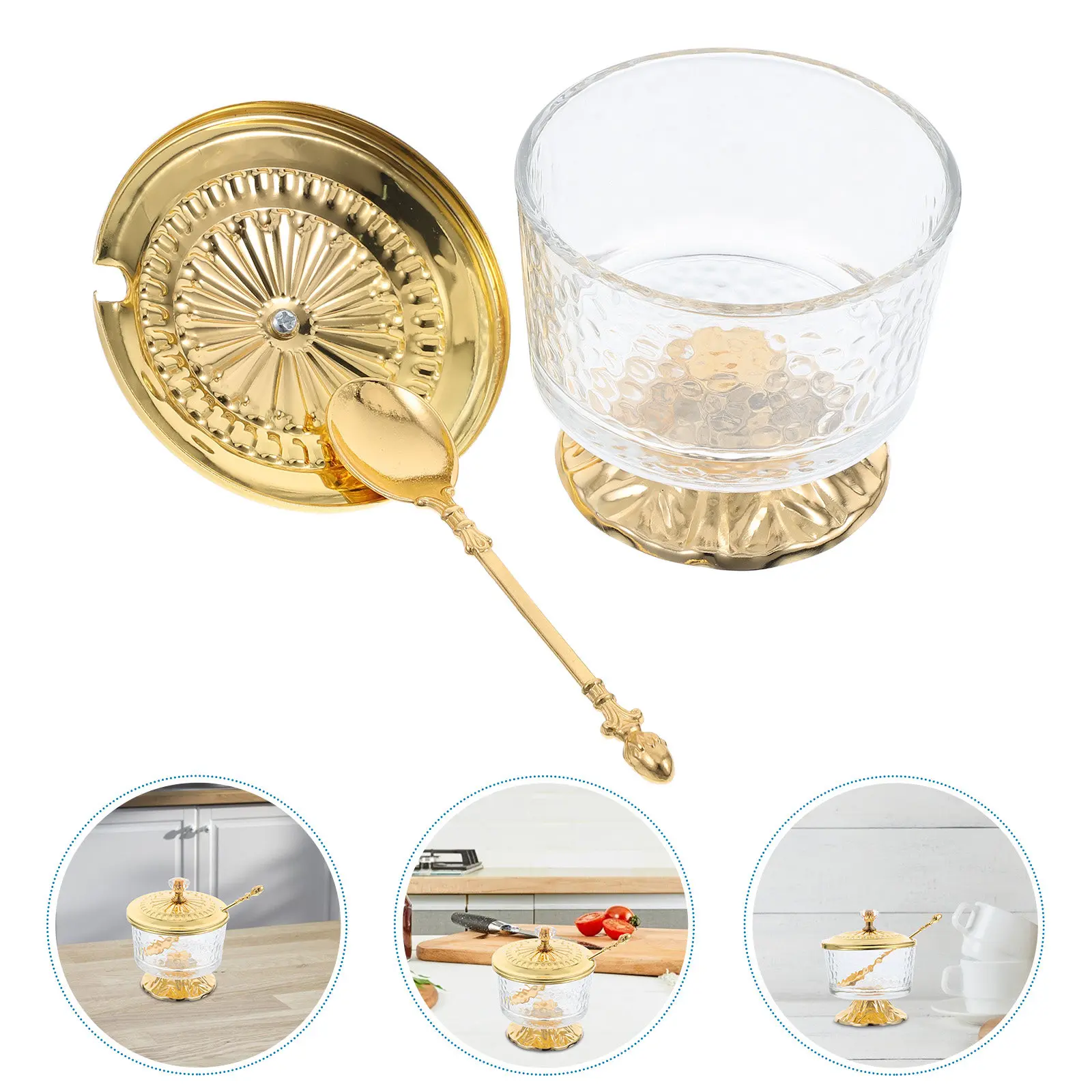 Clear Glass Sugar Bowl with Lid Vintage Iron Frame Serving Spoon Decorative Salt Pot Pepper Jar Seasoning Container Kitchen